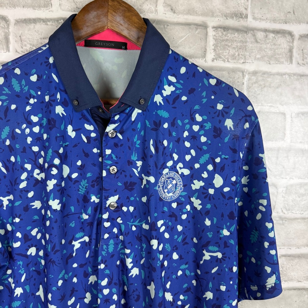 Greyson Mens Oakland Hills Country Club Floral Golf Polo Shirt Blue Size Medium